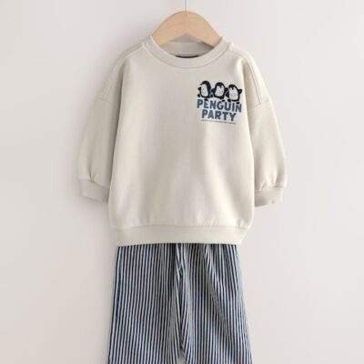 Ecru White Penguin Single Sweatshirt And Stripe Joggers Set