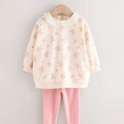 Light Pink Ditsy Floral Collar Sweatshirt and Leggings Set