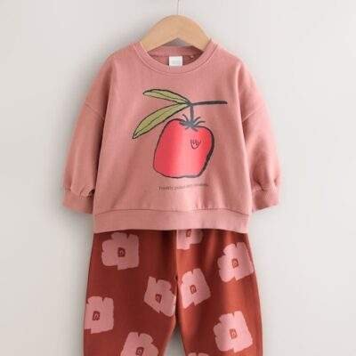 Pink/Brown Tomato Sweatshirt and Barrel Leg Joggers Set
