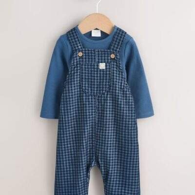 Blue Check Baby Cord Dungaree and Bodysuit Set
