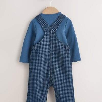 Blue Check Baby Cord Dungaree and Bodysuit Set