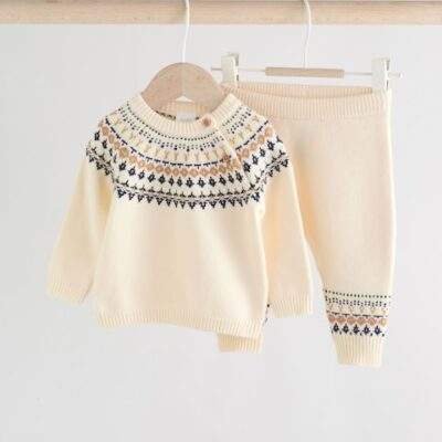 Cream Fairisle Baby Knitted Top and Leggings Set