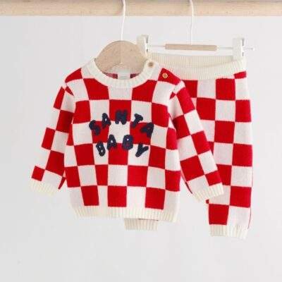 Red Santa Checkerboard Christmas Baby Jumper and Legging Set