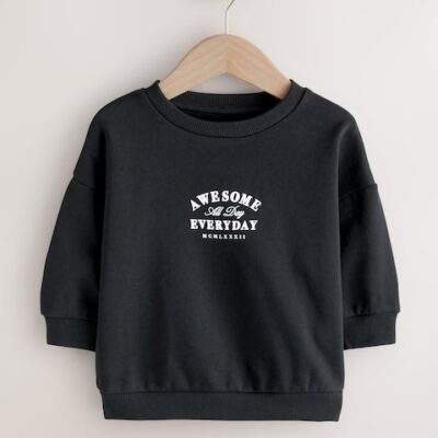 Black Awesome Everyday Back Printed Crew Neck Jersey Sweatshirt