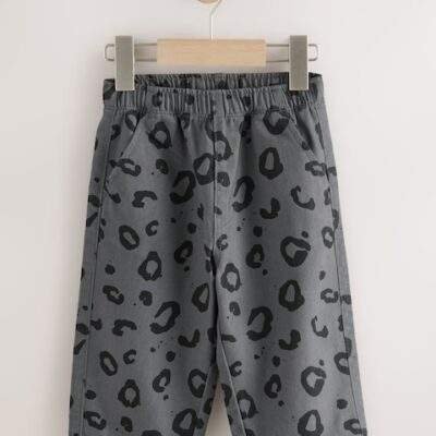 Charcoal Grey Leopard Print Pull On Wide Trousers