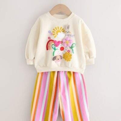 Cream Stripe Padded Characters Sweatshirt and Barrel Leg Joggers Set