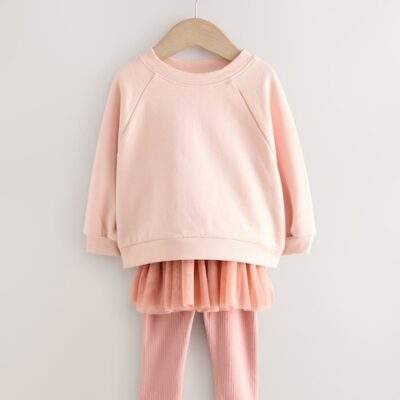 Pink Sweatshirt Skirt and Leggings 2 Piece Set