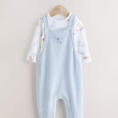 Blue Elephant Print Baby Velour Dungarees and Bodysuit Set