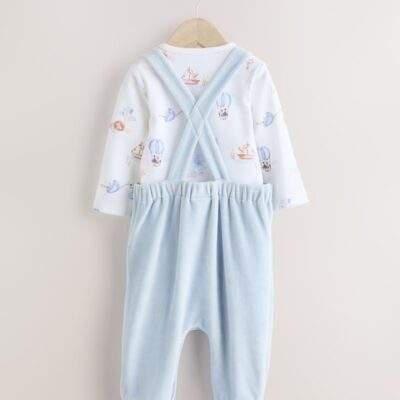 Blue Elephant Print Baby Velour Dungarees and Bodysuit Set