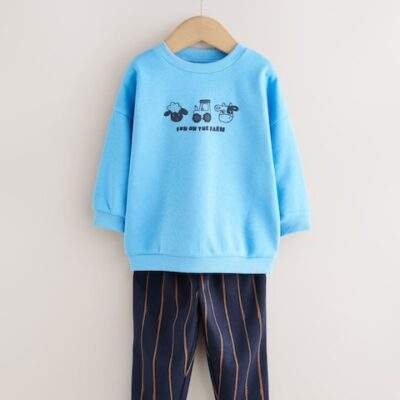 Blue Farm Animal Single Sweatshirt And Stripe Joggers Set