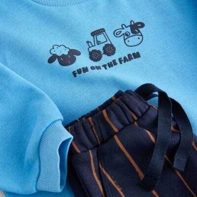 Blue Farm Animal Single Sweatshirt And Stripe Joggers Set