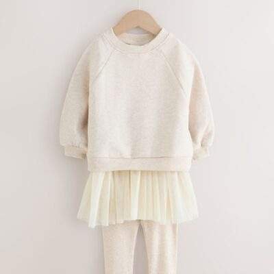 Neutral Sweatshirt Skirt and Leggings 2 Piece Set