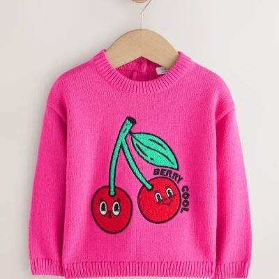 Pink Cherry Embroidered Knitted Jumper