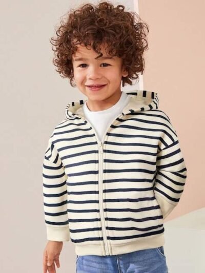 Ecru White/Navy Blue Stripe Zip Through Hoodie