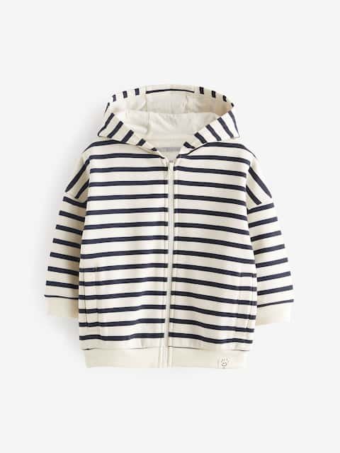 Ecru White/Navy Blue Stripe Zip Through Hoodie