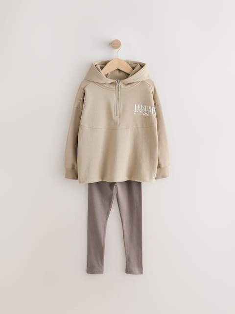 Beige Slogan Hoodie And Leggings Set