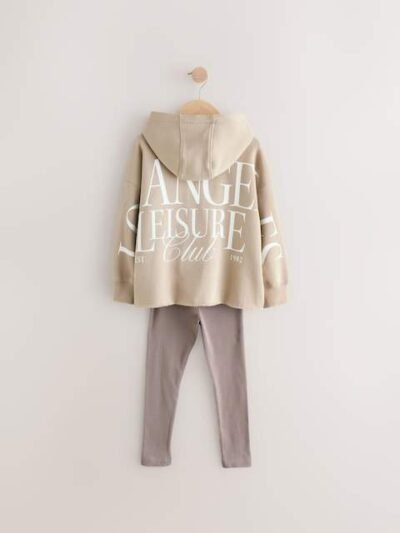 Beige Slogan Hoodie And Leggings Set