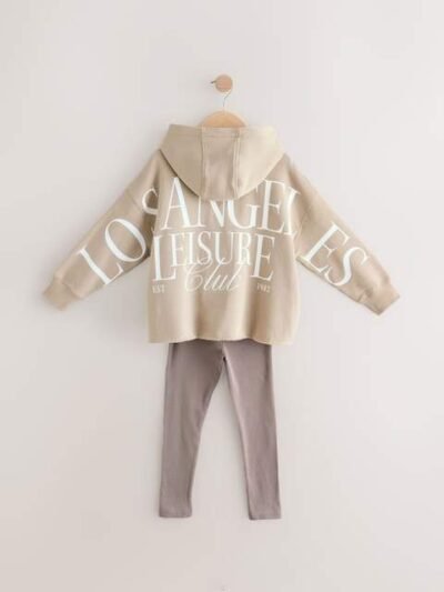 Beige Slogan Hoodie And Leggings Set