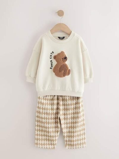 Tan Brown/White Bear Single Sweatshirt And Stripe Joggers Set