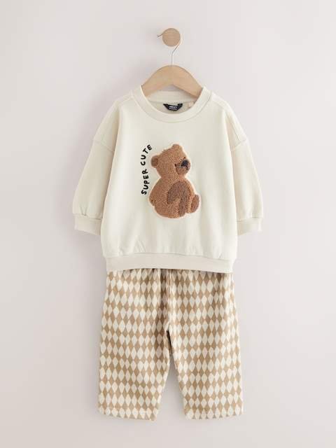 Tan Brown/White Bear Single Sweatshirt And Stripe Joggers Set