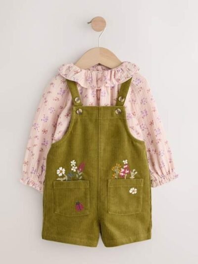 Green Floral Print Corduroy Dungarees Blouse and Tights Set