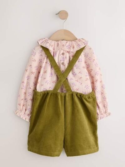 Green Floral Print Corduroy Dungarees Blouse and Tights Set