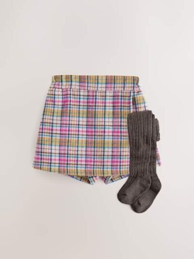 Pink/Mink Check Skirt and Tights Set