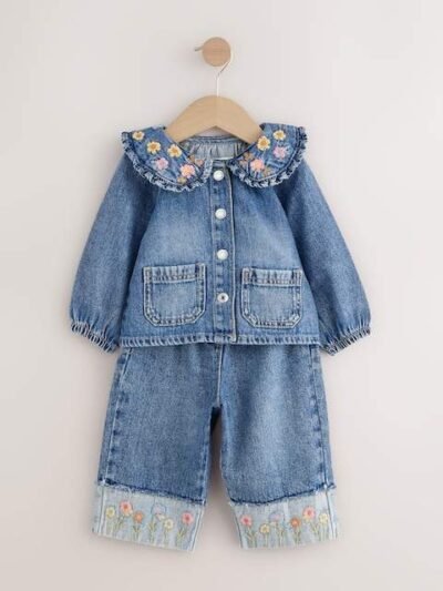 Denim Floral Embroidered Wide Leg Jeans And Jacket Set