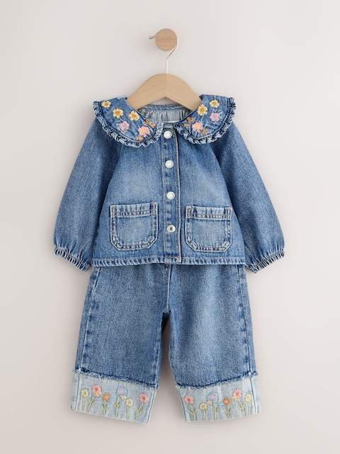 Denim Floral Embroidered Wide Leg Jeans And Jacket Set