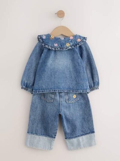 Denim Floral Embroidered Wide Leg Jeans And Jacket Set