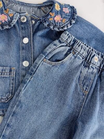 Denim Floral Embroidered Wide Leg Jeans And Jacket Set