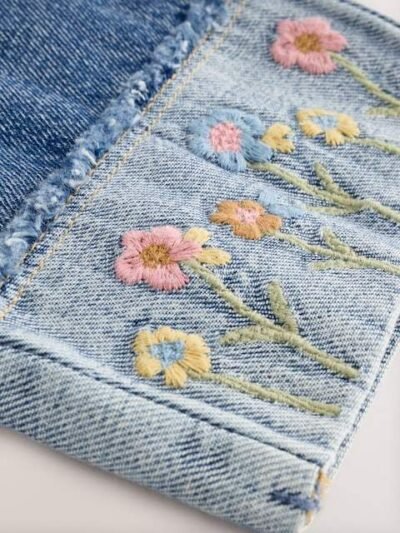 Denim Floral Embroidered Wide Leg Jeans And Jacket Set