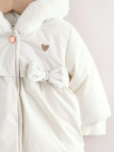 White Bow Puffer Baby Jacket
