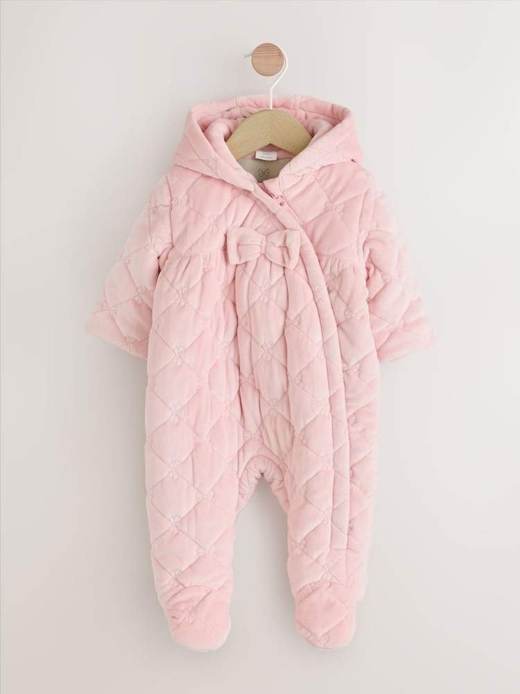 Pink Velour Baby Quilted Pramsuit