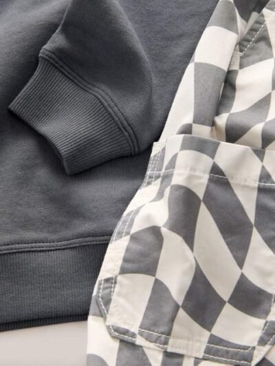 Charcoal Checkerboard Long Sleeve T-Shirt & Trousers Set