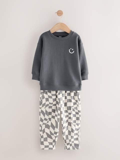 Charcoal Checkerboard Long Sleeve T-Shirt & Trousers Set