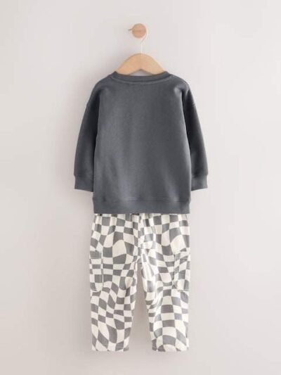 Charcoal Checkerboard Long Sleeve T-Shirt & Trousers Set