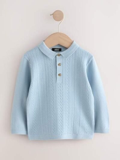 Blue Cable Knit Polo Shirt