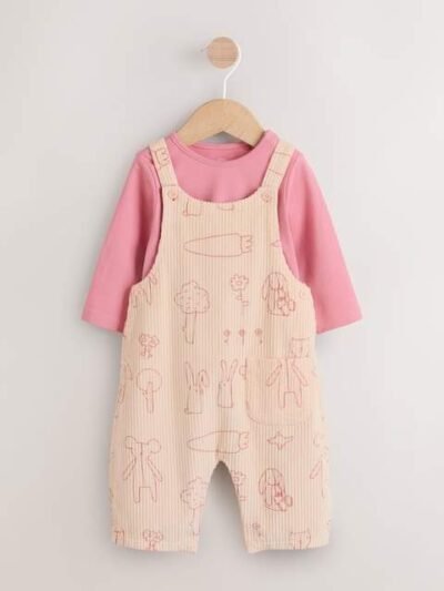 Cream / Pink Character Baby Dungaree and Bodysuit Two Piece Set