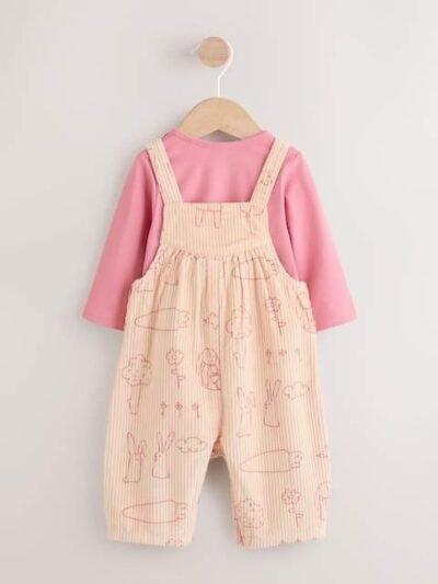 Cream / Pink Character Baby Dungaree and Bodysuit Two Piece Set
