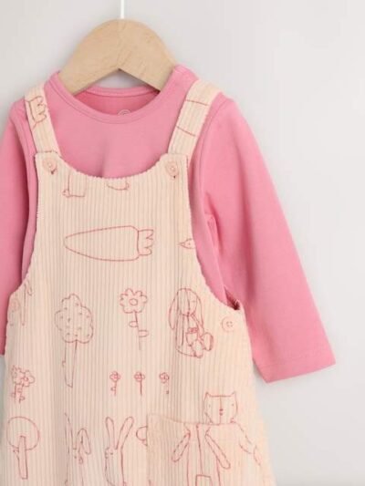 Cream / Pink Character Baby Dungaree and Bodysuit Two Piece Set