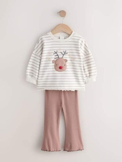Neutral Reindeer Long Sleeve Top and Flare Set