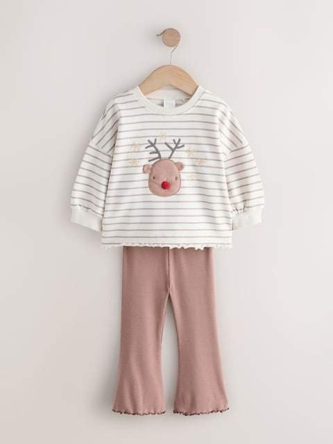 Neutral Reindeer Long Sleeve Top and Flare Set