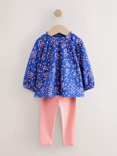Blue Ditsy Floral Long Sleeve Blouse and Leggings Set