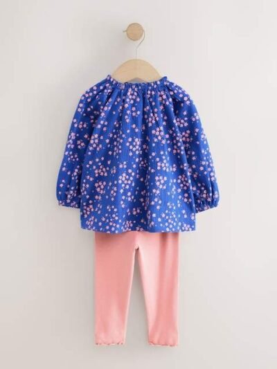 Blue Ditsy Floral Long Sleeve Blouse and Leggings Set