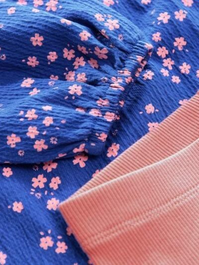 Blue Ditsy Floral Long Sleeve Blouse and Leggings Set