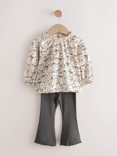 Black/White Bows Long Sleeve Blouse and Leggings Set