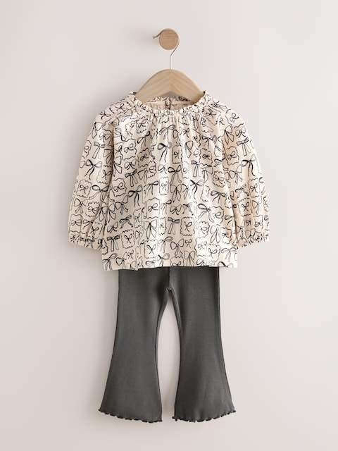Black/White Bows Long Sleeve Blouse and Leggings Set