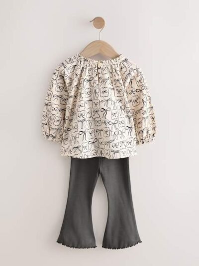Black/White Bows Long Sleeve Blouse and Leggings Set