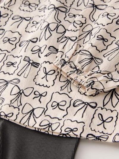 Black/White Bows Long Sleeve Blouse and Leggings Set